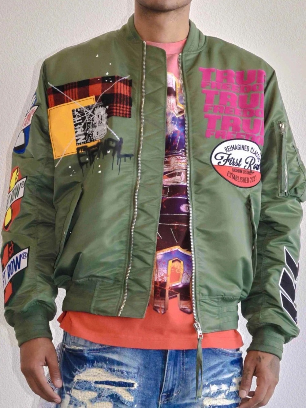 Men's First Row Olive Green Bomber Jacket with Graphic Patches